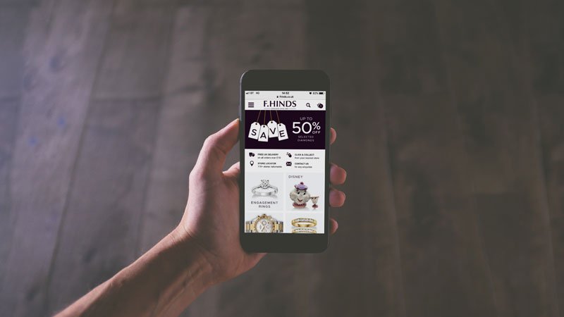 F.Hinds ecommerce site on mobile phone