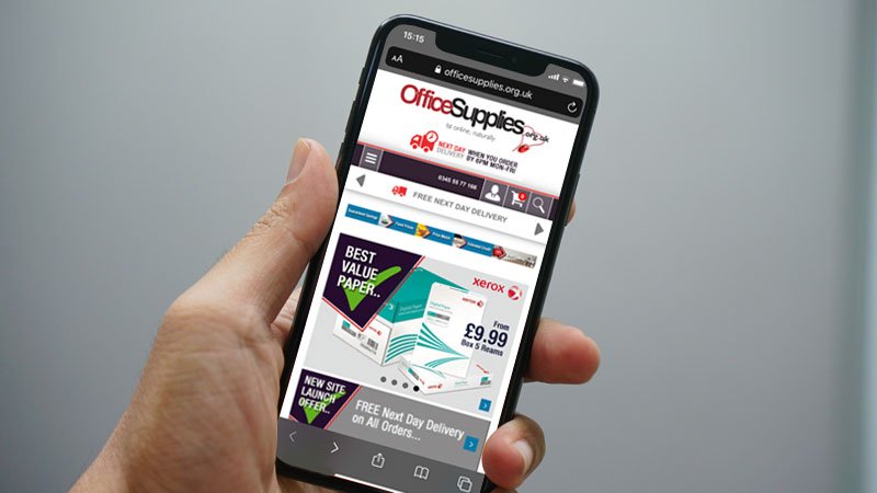 Office supplies ecommerce site on a mobile phone