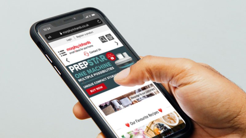 Morphy Richards ecommerce site on a mobile phone
