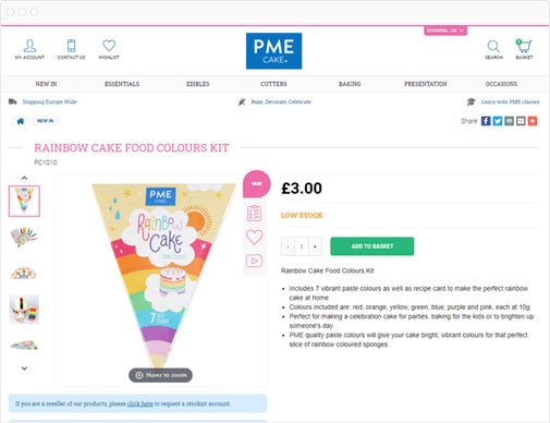 PME Cake ecommerce site product page in browser