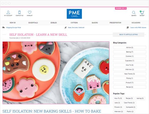 PME Cake ecommerce site blog page in browser