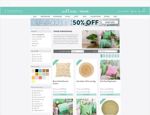 Sass & Belle trade ecommerce site category listings page in browser
