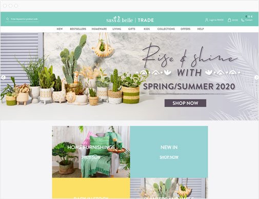 Sass & Belle trade ecommerce site homepage in browser