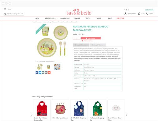 Sass & Belle retail ecommerce site product page in browser