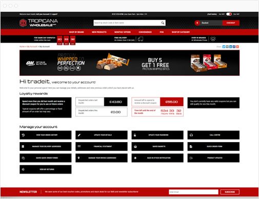 Tropicana Wholesale ecommerce site my account page in browser