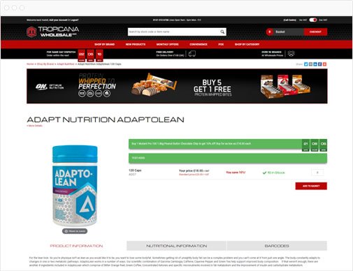 Tropicana Wholesale ecommerce site product page in browser