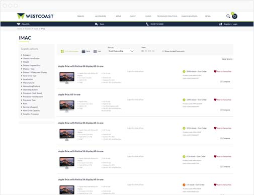 Westcoast ecommerce site product listings page in browser