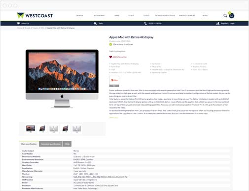 Westcoast ecommerce site product detail page in browser