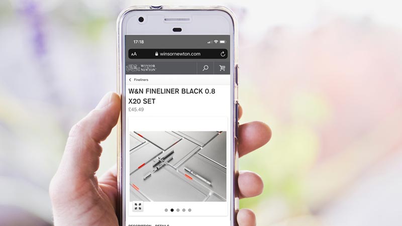 Winsor & Newton ecommerce site on mobile phone