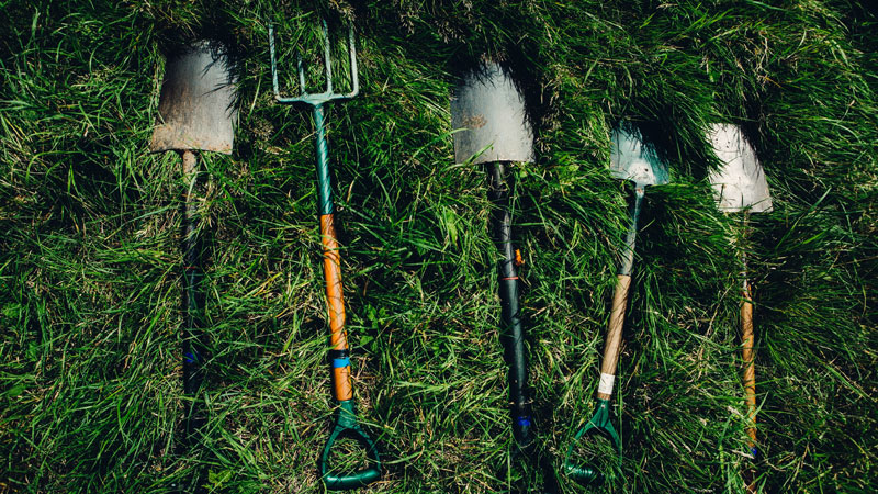 Garden tools laid out of grass