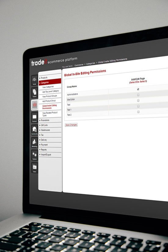 Browser showing the tradeit ecommerce platform's administration screens