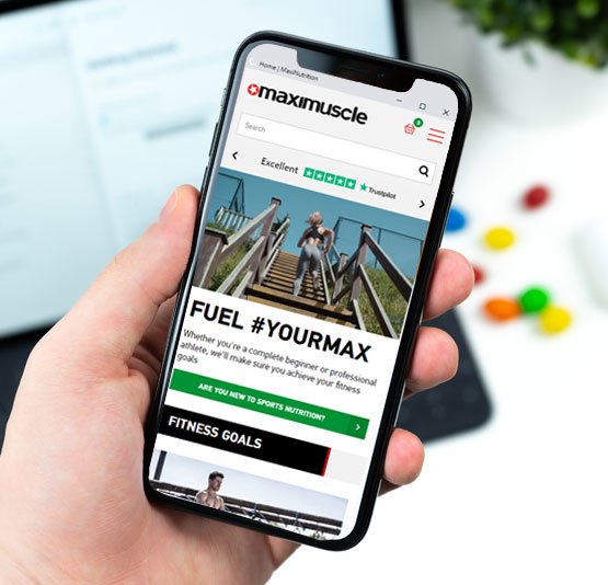 Maximuscle ecommerce site homepage on a mobile phone