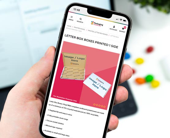 Phone showing customisable printing of boxes on Challenge Packaging website